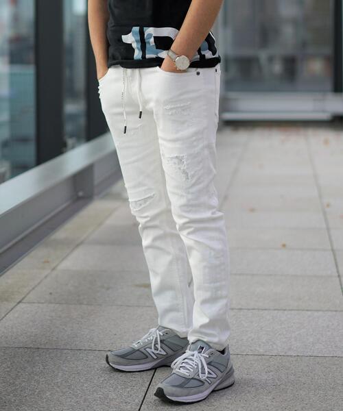 1piu1uguale3 RELAX（ウノピュウノウグァーレトレリラックス）の「1PIU1UGUALE3 RELAX/ウノピゥ ウノ ウグァーレ トレ リラックス/５ポケットロゴダメージデニム（デニムパンツ・メンズ・ホワイト・SMALL/MEDIUM/LARGE/X-LARGE）」の4枚目の写真