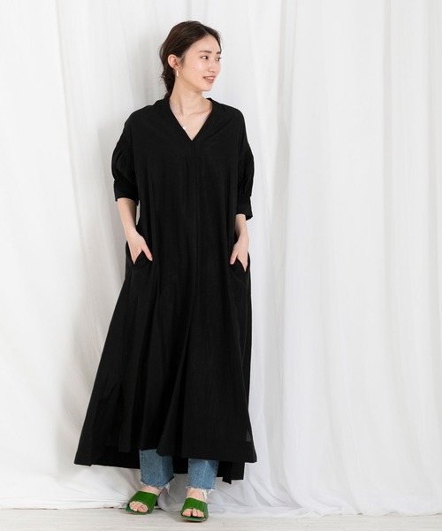 CLOCHE（クロシェ）の「麻混シャーリング5分袖ワンピース（ワンピース