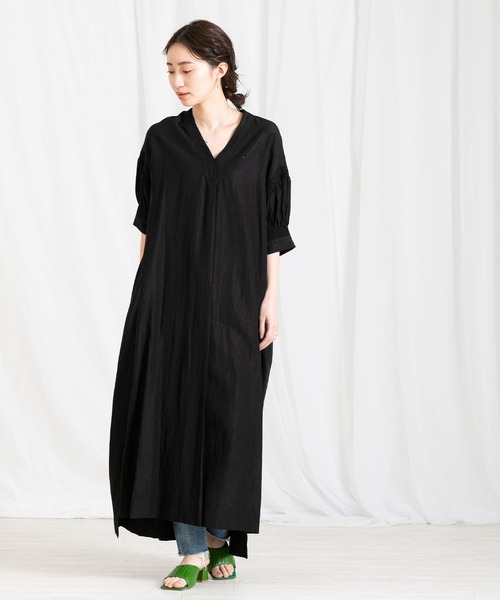 CLOCHE（クロシェ）の「麻混シャーリング5分袖ワンピース（ワンピース