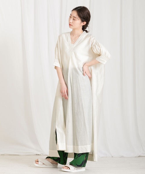 CLOCHE（クロシェ）の「麻混シャーリング5分袖ワンピース（ワンピース