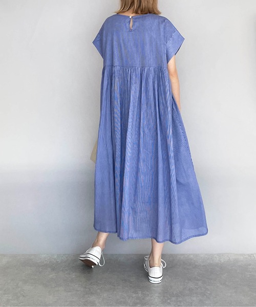 【新品】ハンドダイピンタックワンピース カディ コットン 手紡ぎ 手編み ブルー 新品】ハンドダイピンタックワンピース カディ コットン 手紡ぎ