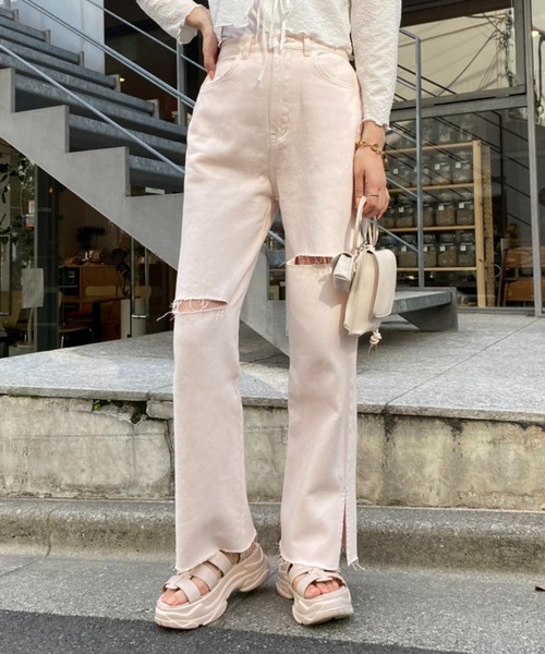 one after another NICE CLAUP(ワンアフターアナザーナイスクラップ)の「ダメージワイドパンツ(デニムパンツ・レディース・アイボリー/ブラック/ブルー/ベビーピンク・S/M)」の4枚目の写真