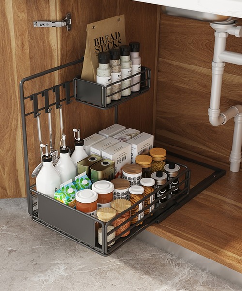 【セール】頑丈シンク下スライドラック2段（収納グッズ）｜aimoha（アイモハ）