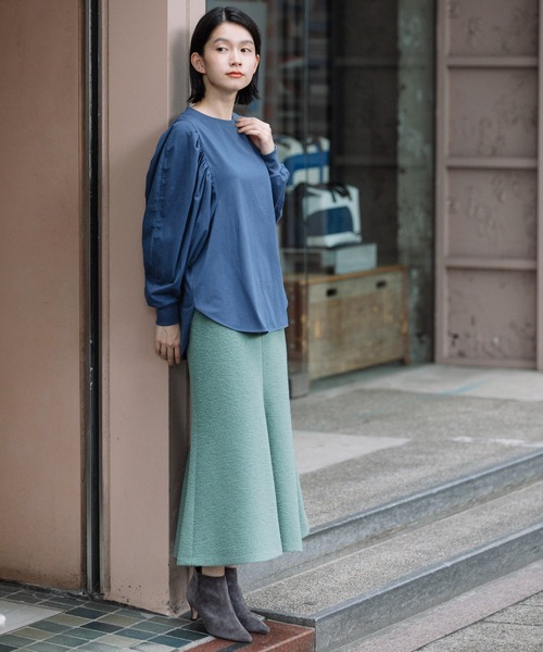 Munich（ミューニック）の「プレミアムコットンジャージギャザースリーブプルオーバー（Tシャツ/カットソー・レディース・ホワイト/ダークブラウン/ブラック/ネイビー・FREE）」の6枚目の写真