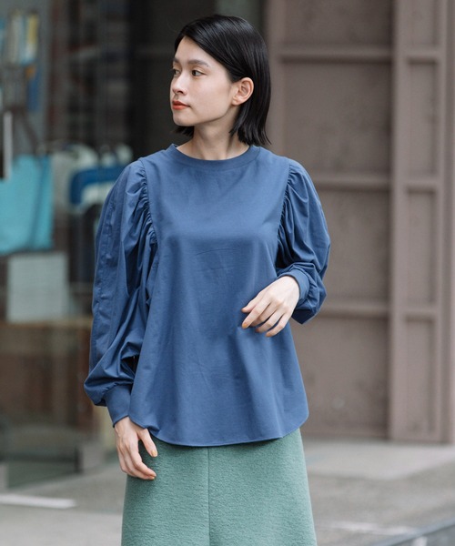 Munich（ミューニック）の「プレミアムコットンジャージギャザースリーブプルオーバー（Tシャツ/カットソー・レディース・ホワイト/ダークブラウン/ブラック/ネイビー・FREE）」の8枚目の写真