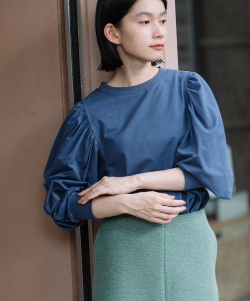 Munich（ミューニック）の「プレミアムコットンジャージギャザースリーブプルオーバー（Tシャツ/カットソー・レディース・ホワイト/ダークブラウン/ブラック/ネイビー・FREE）」の12枚目の写真