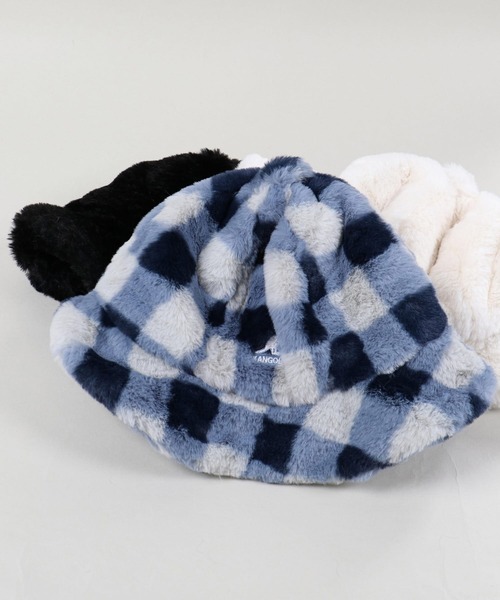 KANGOL もふもふファー 素材 ベル型ハット チェック柄 ブルー系