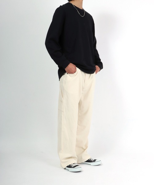 Salong hameu(サロン ハミュー)の「ハイウエスト ペインターパンツ/ワイドデニムパンツ メンズ レディース(デニムパンツ・メンズ・アイボリー/ブラック系その他/ワンウォッシュ/ライトインディゴブルー/ブルー系その他/ストライプ・M/L/LL)」の12枚目の写真