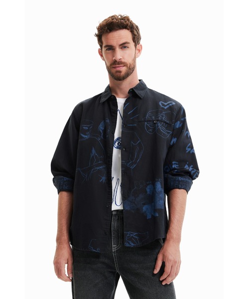 Desigual（デシグアル）の「イラスト リネンシャツ（シャツ/ブラウス・メンズ・ブラック/アイボリー・L/XXL/S/M/XL）」の2枚目の写真