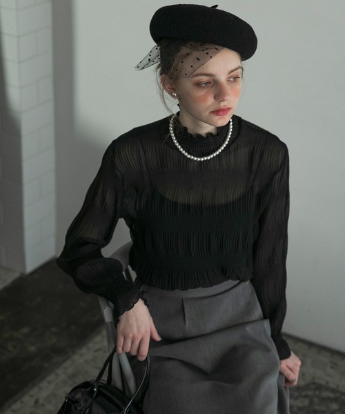 BONLECILL noir（ボンルシールノワール）の「【BONLECILLnoir】マジョリカプリーツシャーリング ハイネックシアープルオーバー（シャツ/ブラウス・レディース・ネイビー/ブルー/ブラック/オフホワイト/アイボリー/ピンク/グレー/ベージュ/チャコールグレー/レッド・FREE）」の3枚目の写真