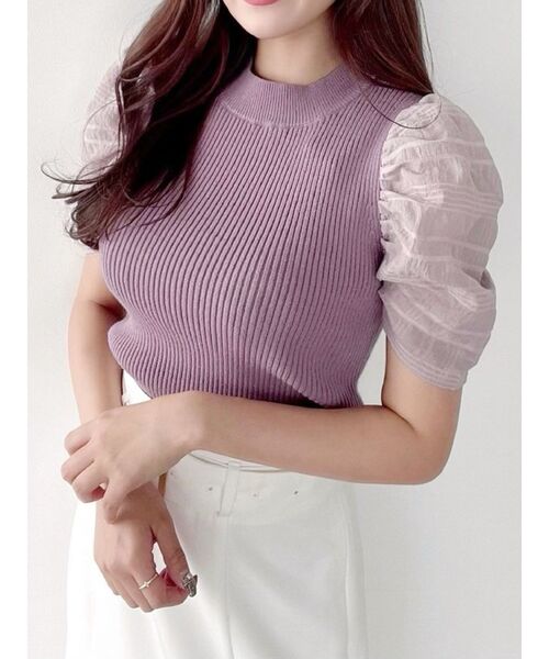 RESEXXY（リゼクシー）の「ショルダーチェックシアーニットトップス（ニット/セーター・レディース・ラベンダー/ブラック/ホワイト・FREE）」の3枚目の写真