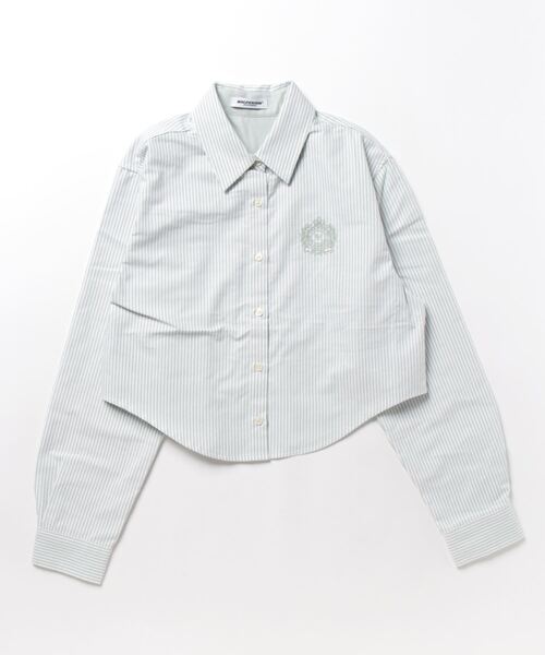 MAGPIEROBIN（マグパイロビン）の「ALAND MAGPIE ROBIN／クロップロゴストライプシャツ　2197558（シャツ/ブラウス・レディース・グリーン/ネイビー・FREE）」の4枚目の写真