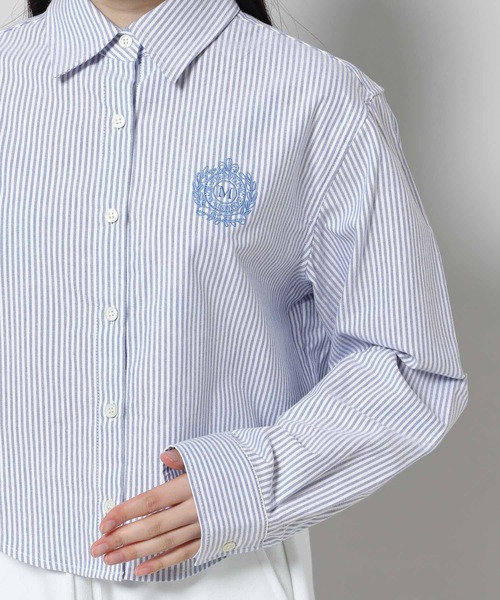 MAGPIEROBIN（マグパイロビン）の「ALAND MAGPIE ROBIN／クロップロゴストライプシャツ　2197558（シャツ/ブラウス・レディース・グリーン/ネイビー・FREE）」の21枚目の写真