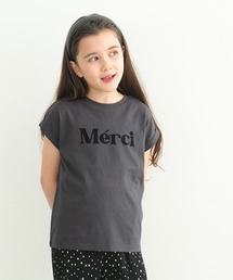 キッズ 親子お揃いロゴプリントロールアップ袖Tシャツ