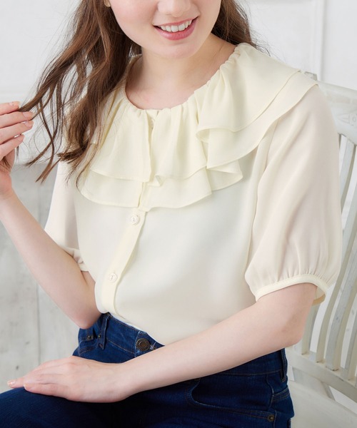 alotta（アロッタ）の「ラッフルカラー５分袖ブラウス（シャツ/ブラウス・レディース・ブルーグレー/アイボリー/ミント・L/M/LL/3L）」の10枚目の写真