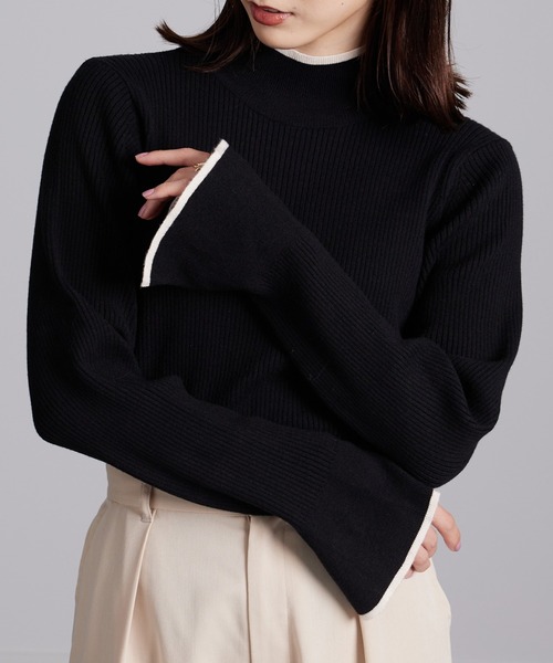 RANAN（ラナン）の「ハイネックフレア袖配色リブニット（ニット/セーター・レディース・ホワイト系1/ブラック系1/ライトグレー系1/ブラウン系1/ブルー系1・L/LL/M）」の3枚目の写真