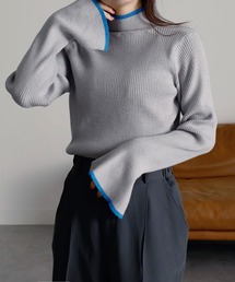 ハイネックフレア袖配色リブニット