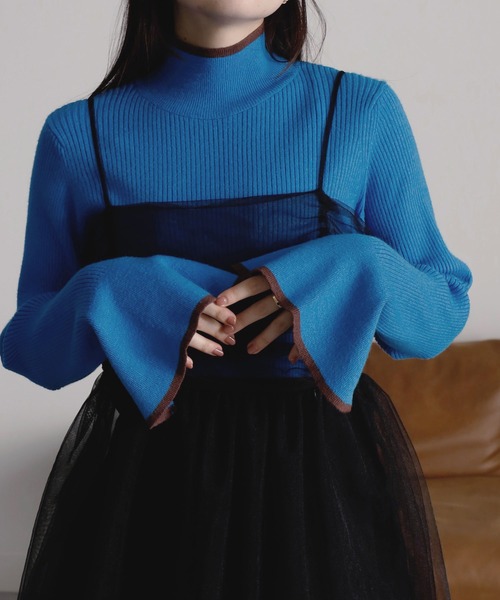 RANAN（ラナン）の「ハイネックフレア袖配色リブニット（ニット/セーター・レディース・ホワイト系1/ブラック系1/ライトグレー系1/ブラウン系1/ブルー系1・L/LL/M）」の5枚目の写真