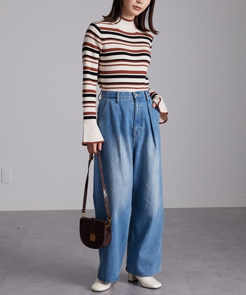 RANAN（ラナン）の「ハイネックフレア袖配色リブニット（ニット/セーター・レディース・ホワイト系1/ブラック系1/ライトグレー系1/ブラウン系1/ブルー系1・L/LL/M）」の8枚目の写真