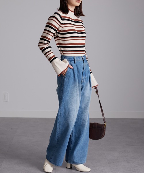 RANAN（ラナン）の「ハイネックフレア袖配色リブニット（ニット/セーター・レディース・ホワイト系1/ブラック系1/ライトグレー系1/ブラウン系1/ブルー系1・L/LL/M）」の19枚目の写真