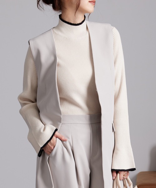 RANAN（ラナン）の「ハイネックフレア袖配色リブニット（ニット/セーター・レディース・ホワイト系1/ブラック系1/ライトグレー系1/ブラウン系1/ブルー系1・L/LL/M）」の13枚目の写真