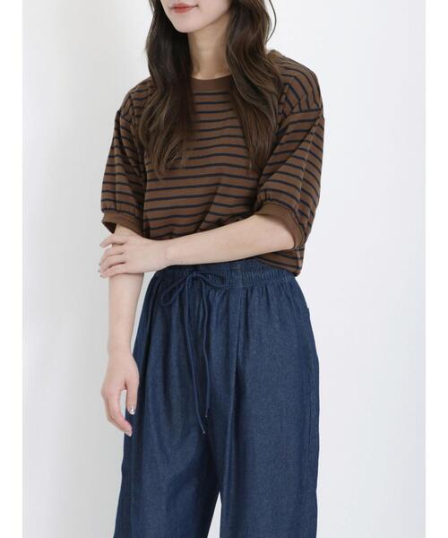 Samansa Mos2（サマンサ モスモス）の「ボーダー/花プリント半袖Tシャツ（Tシャツ/カットソー・レディース・ブラウン/グリーン/オフホワイト/キナリ・F）」の4枚目の写真