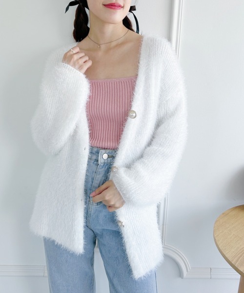 セール】パールボタンロングシャギーニットカーディガン（カーディガン