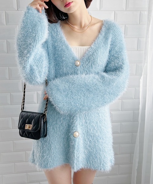 セール】パールボタンロングシャギーニットカーディガン（カーディガン