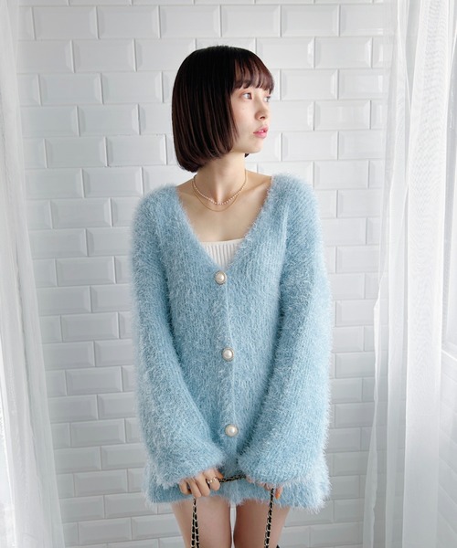 セール】パールボタンロングシャギーニットカーディガン（カーディガン