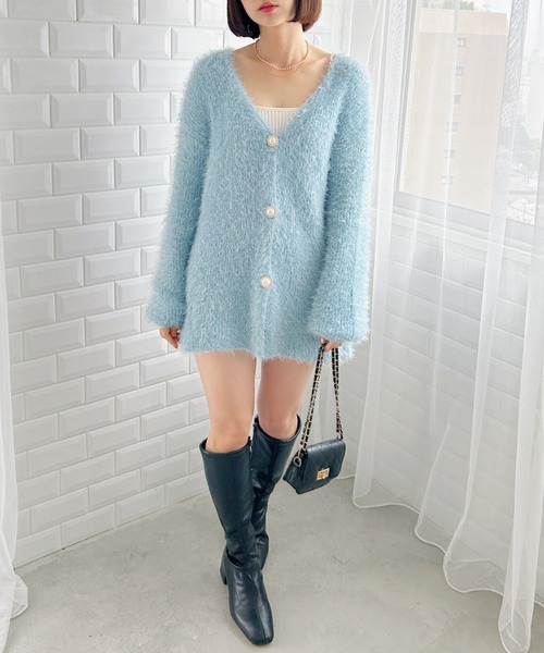 セール】パールボタンロングシャギーニットカーディガン（カーディガン