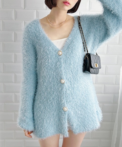 水色ニットカーディガン パールボタン付き セール】パールボタンロングシャギーニットカーディガン（カーディガン
