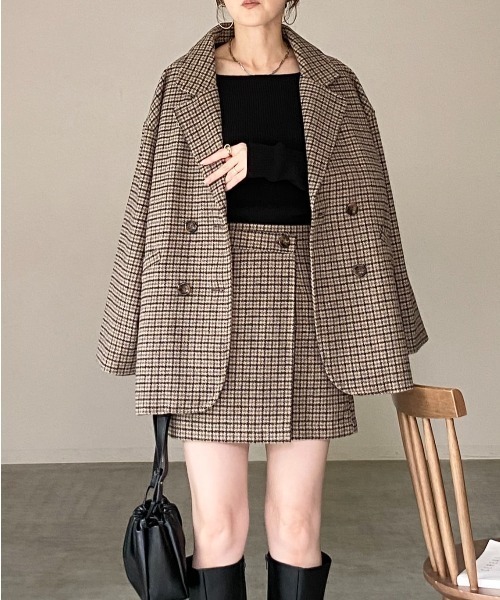 She's Closet（シーズクローゼット）の「グレンチェックテーラードジャケット＆スカートスタイル セットアップ（セットアップ・レディース・ブラック/ブラウン/ブラック系その他/ブラウン系その他・FREE）」の4枚目の写真