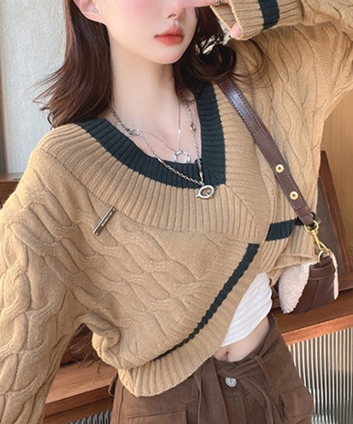 Jasmine Grandiflorum(ジャスミングランディフローラム)の「【Jasmine】バイカラーVネックニットプルオーバー(ニット/セーター・レディース・ネイビー/ホワイト/ベージュ・FREE)」の6枚目の写真