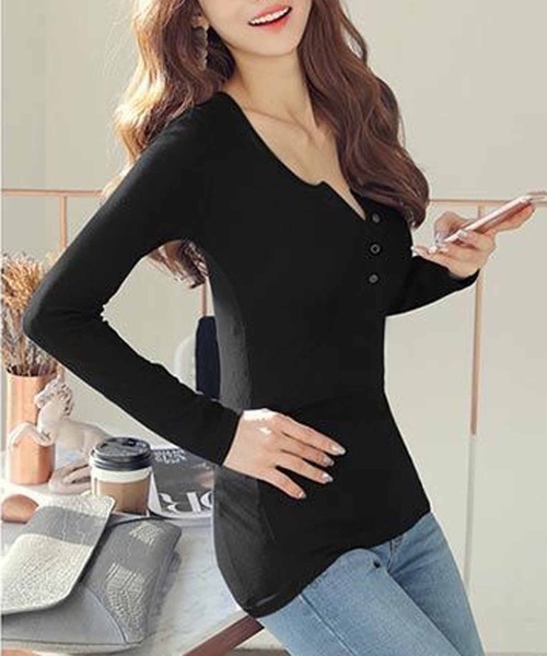 NANEA(ナネア)の「ヘンリーネックロングTシャツ(Tシャツ/カットソー・レディース・ホワイト/ブラック/グレー/ピンク・MEDIUM/LARGE)」の10枚目の写真