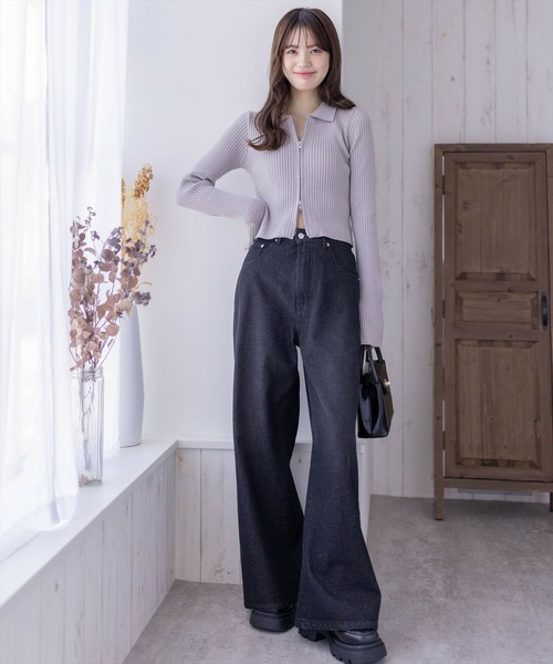 トップス Clear セール】ショートフェザーダブルジップニットトップス [オフィス