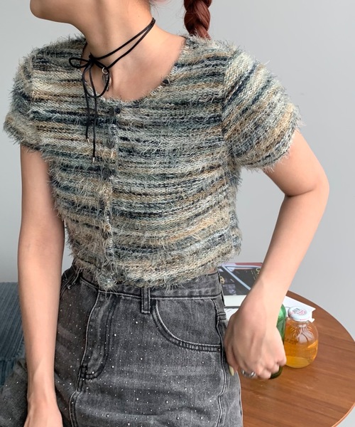 SHAGGIE（シャギー）の「クルーネックもけもけ半袖トップス（Tシャツ/カットソー・レディース・ブラウン/グリーン・FREE）」の2枚目の写真