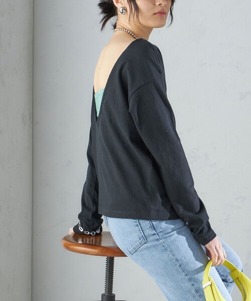 SHIPS(シップス)の「【SHIPS別注】onit:〈手洗い可能〉ラフィ 天竺 バック オープン ロング スリーブ◇(Tシャツ/カットソー・レディース・イエロー/ブラック・ONE SIZE)」の2枚目の写真