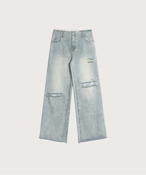LA POMME petit(ラポミ・プチ)の「ディテールレースデコデニムワイドパンツ Detail Lace Deco Denim Wide