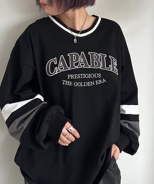 apres jour mignon(アプレジュールミニョン)の「カレッジロゴゲームシャツロンT【ZOZOTOWN限定アイテム】(Tシャツ/カットソー・レディース・ブラック/ナチュラル/ネイビー・X-LARGE/フリー)」の1枚目の写真