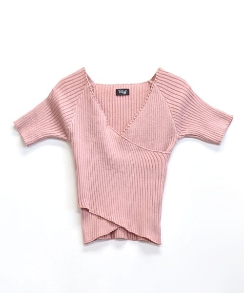 セール】クロスデザインリブニット地Tops（Tシャツ/カットソー