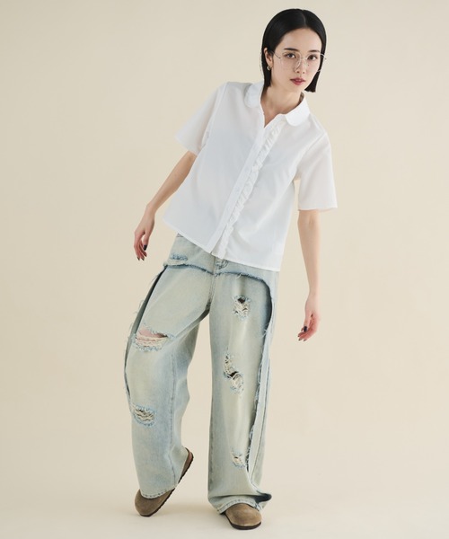 MERLOT（メルロー）の「フロントフリルクロップドブラウス（シャツ/ブラウス・レディース・ブラック/ホワイト・FREE）」の22枚目の写真