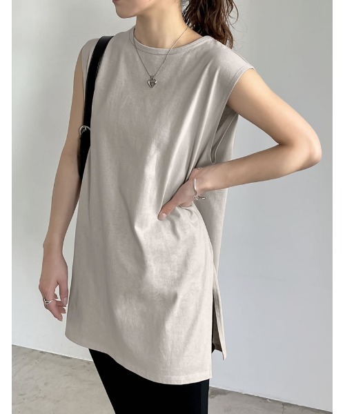 Re:EDIT（リエディ）の「[二の腕すっきり]コットンフレンチスリーブチュニックTシャツ（Tシャツ/カットソー・レディース・グレイッシュベージュ/ブラック/チャコールグレー/アイボリー・MEDIUM/LARGE）」の16枚目の写真