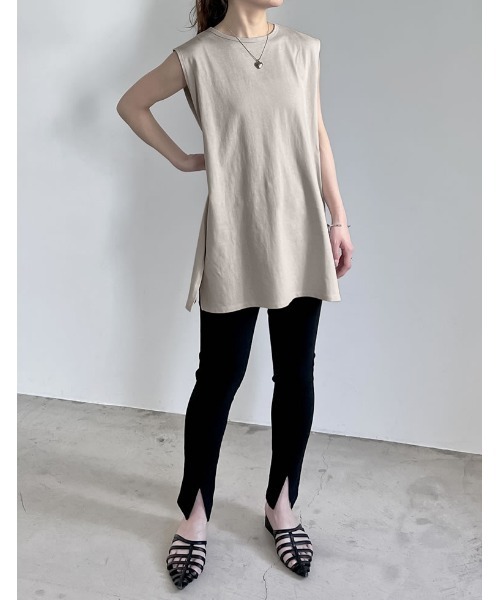 Re:EDIT（リエディ）の「[二の腕すっきり]コットンフレンチスリーブチュニックTシャツ（Tシャツ/カットソー・レディース・グレイッシュベージュ/ブラック/チャコールグレー/アイボリー・MEDIUM/LARGE）」の13枚目の写真