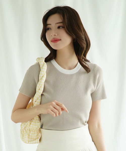 Jasmine Grandiflorum(ジャスミングランディフローラム)の「【Jasmine】バイカラーニット半袖Tシャツ (SS)(Tシャツ/カットソー・レディース・グレー/ブラック/ベージュ/オレンジ/ホワイト/ピンク・FREE)」の5枚目の写真
