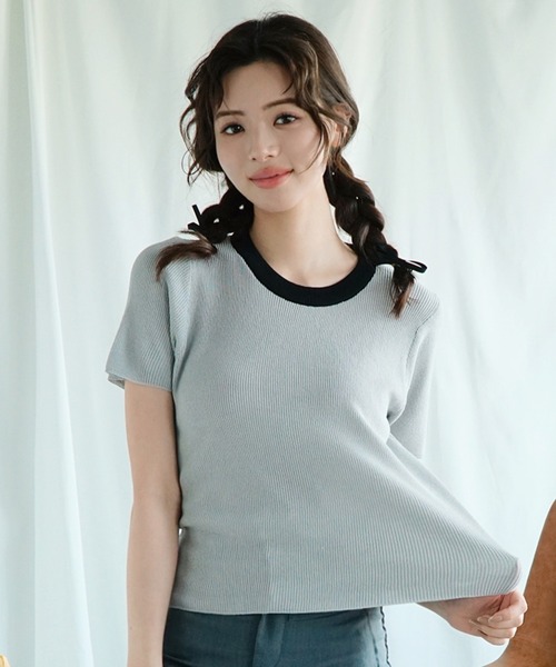 Jasmine Grandiflorum(ジャスミングランディフローラム)の「【Jasmine】バイカラーニット半袖Tシャツ (SS)(Tシャツ/カットソー・レディース・グレー/ブラック/ベージュ/オレンジ/ホワイト/ピンク・FREE)」の4枚目の写真