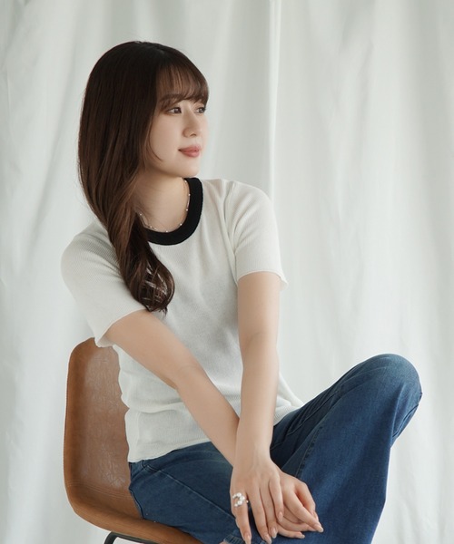 Jasmine Grandiflorum(ジャスミングランディフローラム)の「【Jasmine】バイカラーニット半袖Tシャツ (SS)(Tシャツ/カットソー・レディース・グレー/ブラック/ベージュ/オレンジ/ホワイト/ピンク・FREE)」の2枚目の写真