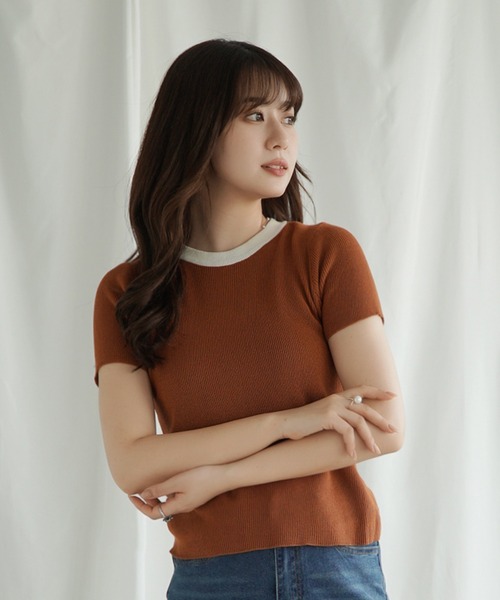 Jasmine Grandiflorum(ジャスミングランディフローラム)の「【Jasmine】バイカラーニット半袖Tシャツ (SS)(Tシャツ/カットソー・レディース・グレー/ブラック/ベージュ/オレンジ/ホワイト/ピンク・FREE)」の6枚目の写真