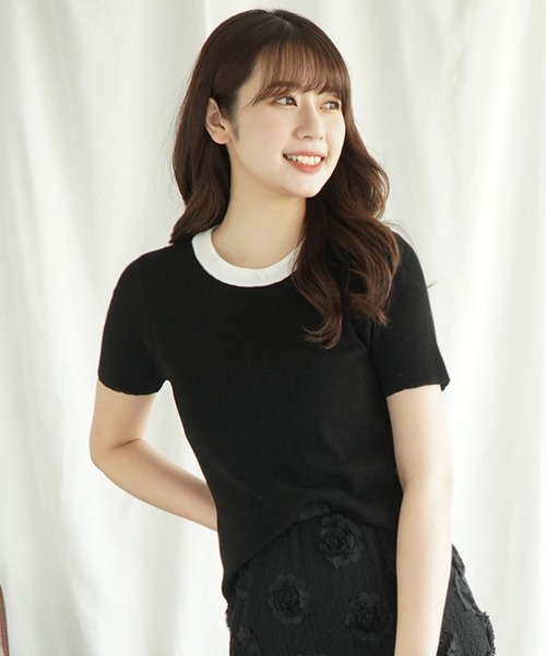 Jasmine Grandiflorum(ジャスミングランディフローラム)の「【Jasmine】バイカラーニット半袖Tシャツ (SS)(Tシャツ/カットソー・レディース・グレー/ブラック/ベージュ/オレンジ/ホワイト/ピンク・FREE)」の3枚目の写真