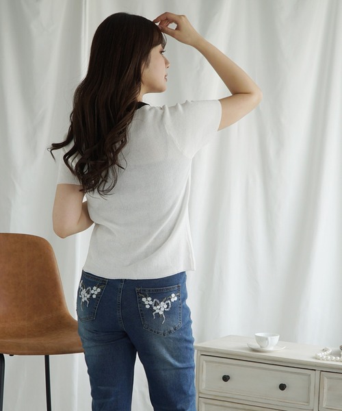 Jasmine Grandiflorum(ジャスミングランディフローラム)の「【Jasmine】バイカラーニット半袖Tシャツ (SS)(Tシャツ/カットソー・レディース・グレー/ブラック/ベージュ/オレンジ/ホワイト/ピンク・FREE)」の21枚目の写真