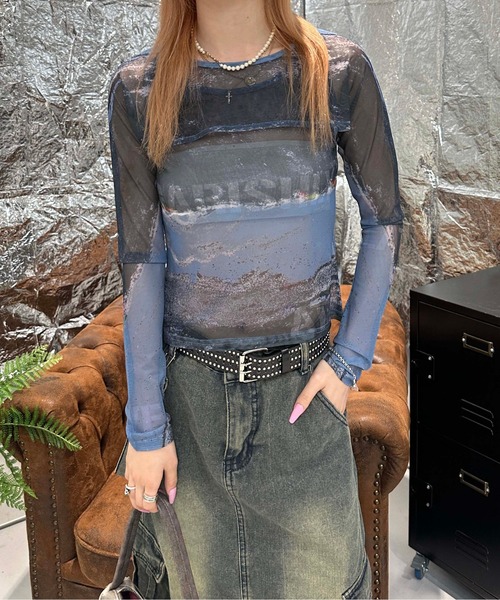 sedacle girl(セダクルガール)の「2WAYアブストラクトシアートップス(Tシャツ/カットソー・レディース・ブルー/オレンジ/グレー・FREE)」の1枚目の写真